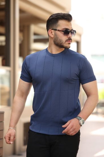 Erkek Ince çizgi Dokulu Bisiklet Yaka Kısa Kollu T-shirt resmi